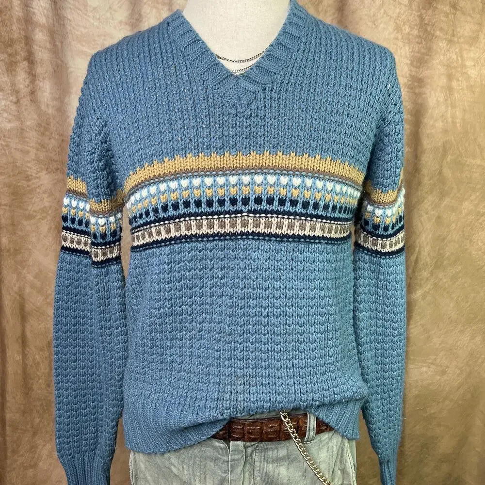 Vintage Striped Sweater 80s Knit V Neck Long Sleeve Blue Retro Fall Academia